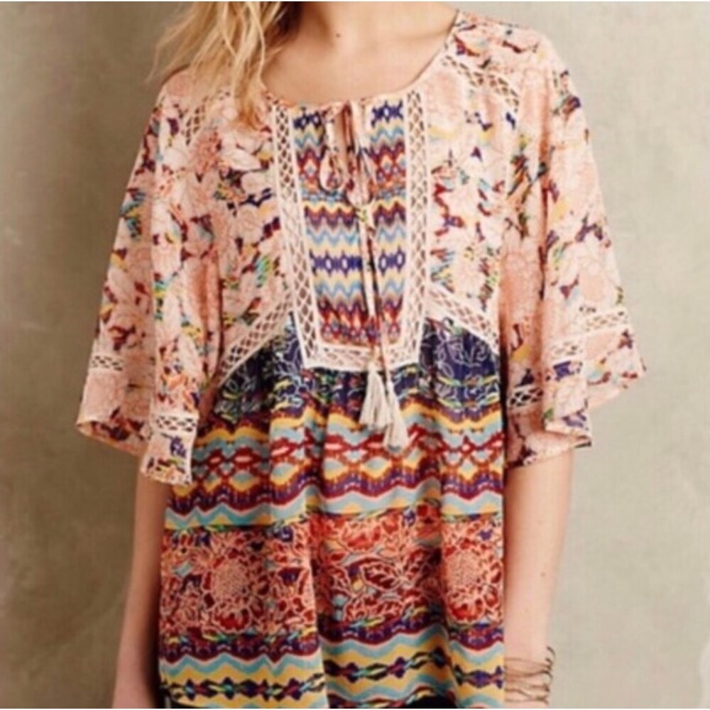 MEADOW RUE Floral Sheer Boho Tassel Flutter Sleeve Top Size S